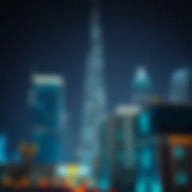 Night view of illuminated business towers in Dubai