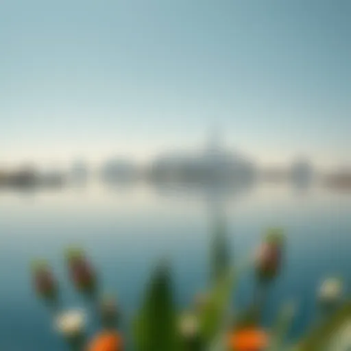 A tranquil view of Lake Khalid reflecting the skyline of Dubai