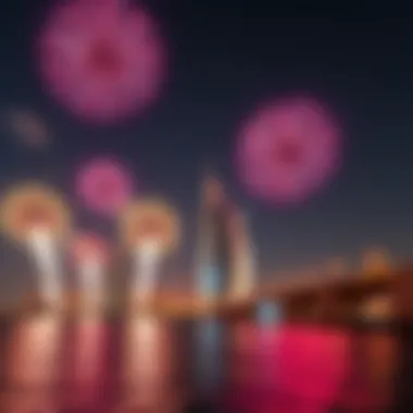 Iconic UAE Landmarks and Fireworks A scenic view of iconic landmarks in the UAE, accented by a spectacular fireworks display.