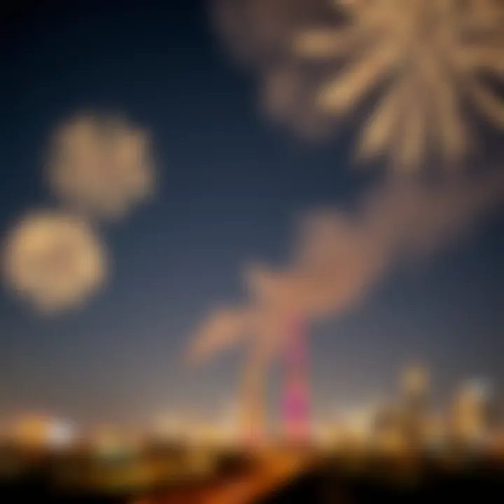 A mesmerizing display of fireworks illuminating the night sky over a UAE skyline.