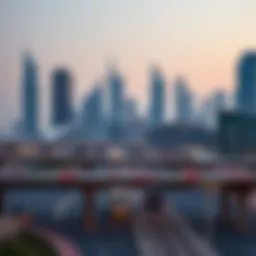 A city skyline showcasing modern buildings and transport routes