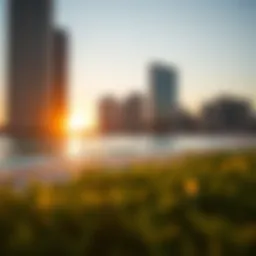 A stunning sunset over Jumeirah Beach with high-rise buildings in the background