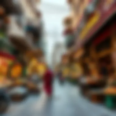 A bustling market scene in one of Dubai's historic neighborhoods, capturing the essence of local culture