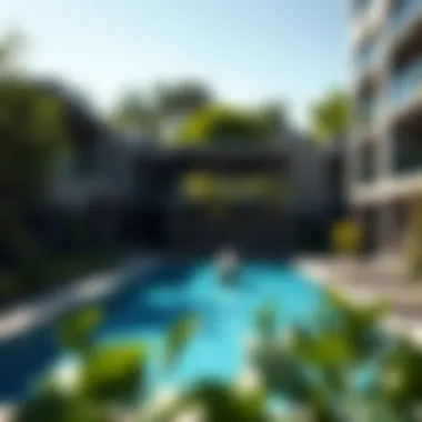 Swimming pool area of Savoy Hotel Apartments surrounded by greenery