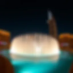 Stunning view of the Dubai Fountain at Pointe during a nighttime show.